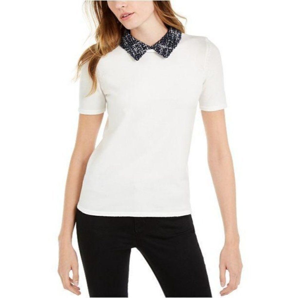 Maison Jules Tweed-Collar Short-Sleeve Sweater, Cr